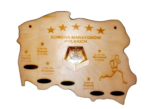 Wieszak na medale - Korona Maratonów Polskich z grawerem dat i czasów